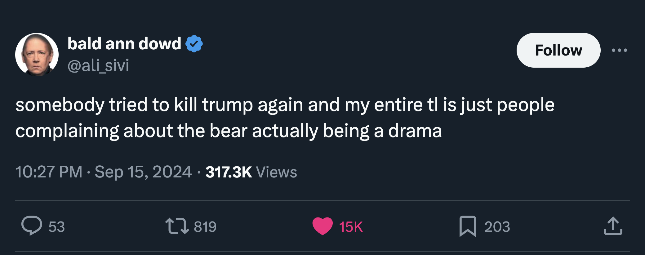 screenshot - bald ann dowd somebody tried to kill trump again and my entire tl is just people complaining about the bear actually being a drama Views 53 203